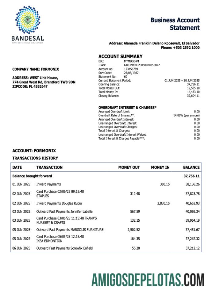 Em branco Salvador Bandesal Extrato de conta corrente da organização Modelo Word e PDF